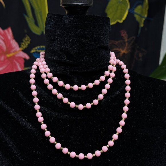Vintage Beaded Necklace, Rope Length, Box Clasp, Pink & Gold Tone - Picture 2 of 15